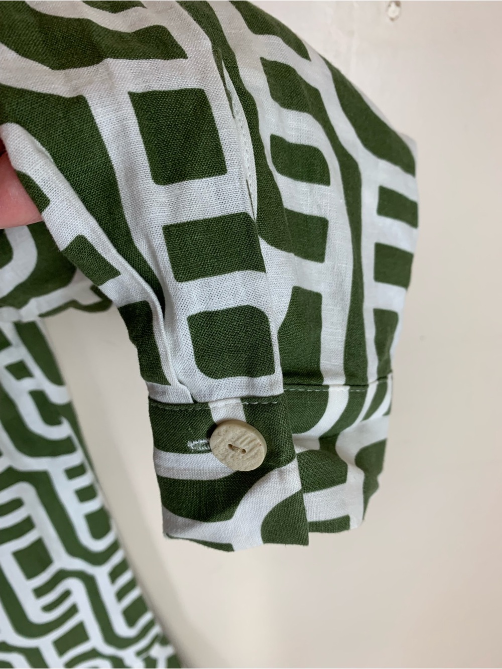 Women's Zara Green White Geometric Print Linen Blend 3/4 Sleeve Mini Dress Small - Picture 2 of 7